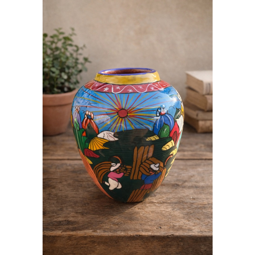 Vintage Hand Painted Mexican Pottery Vase Signed Isidoro Talavera Style
